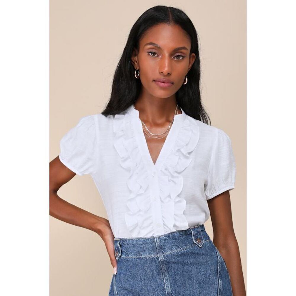 Lulus Elevated Tendencies White Ruffled Short Sleeve Button-front Top - Size M